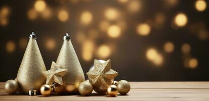 ai generado un Navidad árbol y oro pelotas en un de madera mesa foto