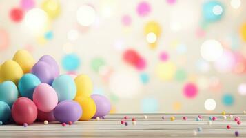AI generated A fun and festive background with colorful confetti and Easter eggs scattered throughout photo