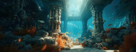 AI Generated Tropical sea underwater fishes on coral reef. Aquarium oceanarium wildlife colorful marine panorama landscape nature snorkel diving. AI Generative. photo