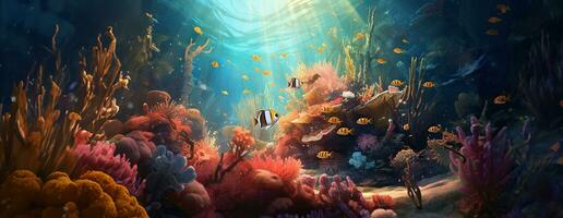 AI Generated Tropical sea underwater fishes on coral reef. Aquarium oceanarium wildlife colorful marine panorama landscape nature snorkel diving. AI Generative. photo