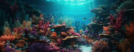 AI Generated Tropical sea underwater fishes on coral reef. Aquarium oceanarium wildlife colorful marine panorama landscape nature snorkel diving. AI Generative. photo