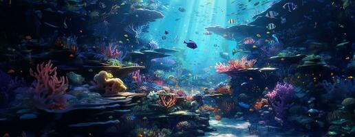 AI Generated Tropical sea underwater fishes on coral reef. Aquarium oceanarium wildlife colorful marine panorama landscape nature snorkel diving. AI Generative. photo