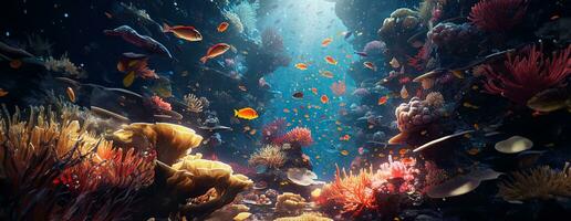 AI Generated Tropical sea underwater fishes on coral reef. Aquarium oceanarium wildlife colorful marine panorama landscape nature snorkel diving. AI Generative. photo