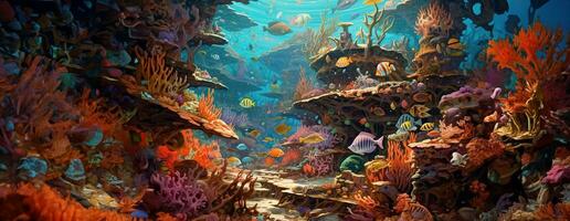 AI Generated Tropical sea underwater fishes on coral reef. Aquarium oceanarium wildlife colorful marine panorama landscape nature snorkel diving. AI Generative. photo