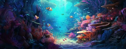 AI Generated Tropical sea underwater fishes on coral reef. Aquarium oceanarium wildlife colorful marine panorama landscape nature snorkel diving. AI Generative. photo