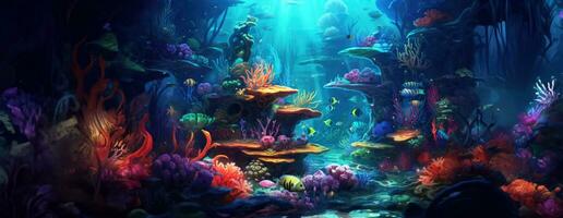 AI Generated Tropical sea underwater fishes on coral reef. Aquarium oceanarium wildlife colorful marine panorama landscape nature snorkel diving. AI Generative. photo