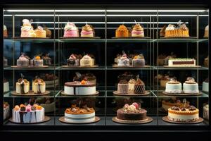 AI generated a long display of cakes in a glass cabinet photo