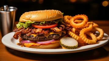 ai generado un Agua en la boca imagen de un jugoso hamburguesa apilado alto con lechuga, tomate, y queso foto