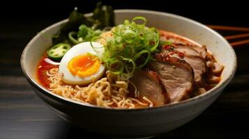 AI generated A drool-worthy image of a spicy bowl of ramen noodles, topped with slices of tender pork photo