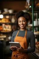 AI generated small business owner using a tablet to process a payment at their shop's checkout counter. photo