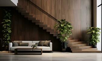 AI generated a modern living room with wood stairs and a plant photo