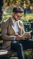 ai generado un hombre sentado en un banco, leyendo un libro acerca de invertir y mirando pensativo foto