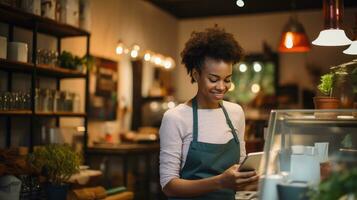 AI generated small business owner using a tablet to process a payment at their shop's checkout counter. photo