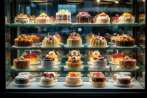 AI generated a long display of cakes in a glass cabinet photo