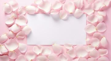 AI generated a blank white piece of paper surrounded by pink rose petals photo