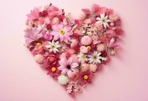 ai generado un corazón lleno con rosado flores es rodeado por muchos rosado flores foto