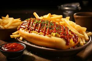 AI generated A close-up shot of a delicious hot dog covered in ketchup, mustard, and relish photo