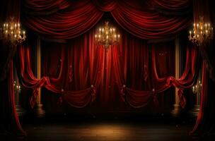 AI generated red curtains and a chandelier on a stage photo