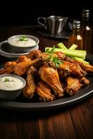 AI generated crispy fried chicken wings, served with a side of creamy blue cheese dressing and celery sticks photo