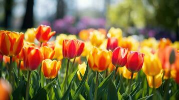 ai generado un maravilloso imagen de un campo de brillantemente de colores tulipanes foto