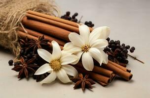 AI generated a white flower with cinnamon sticks and vanilla pods, photo