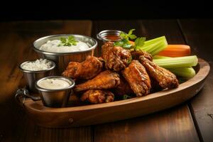 AI generated crispy fried chicken wings, served with a side of creamy blue cheese dressing and celery sticks photo