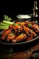 AI generated crispy fried chicken wings, served with a side of creamy blue cheese dressing and celery sticks photo