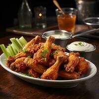 AI generated crispy fried chicken wings, served with a side of creamy blue cheese dressing and celery sticks photo