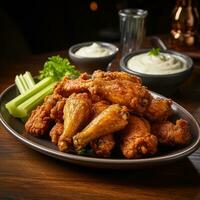 AI generated crispy fried chicken wings, served with a side of creamy blue cheese dressing and celery sticks photo