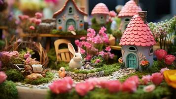 ai generado un caprichoso imagen de un hada jardín, completar con miniatura casas, flores, foto