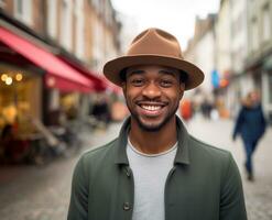 AI generated a black man in a hat faces up to the camera and tries to smile photo