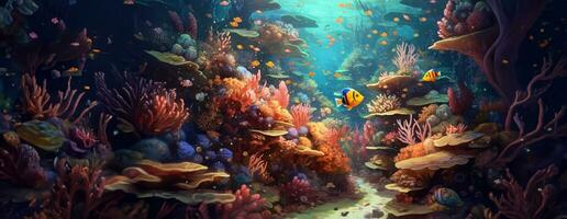 AI Generated Tropical sea underwater fishes on coral reef. Aquarium oceanarium wildlife colorful marine panorama landscape nature snorkel diving. AI Generative. photo