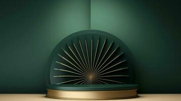 AI generated 3D render. Green and golden round stage, pedestal or podium in studio with green decorative fans. photo