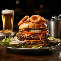 AI generated A mouth-watering image of a juicy hamburger piled high with lettuce, tomato, and cheese photo