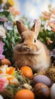 ai generado un adorable conejito Conejo sentado en un cama de flores, rodeado por Pascua de Resurrección huevos foto