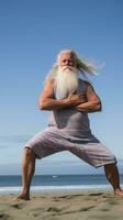 ai generado un hombre en su Años 80 practicas yoga en un playa, con el Oceano en el antecedentes foto