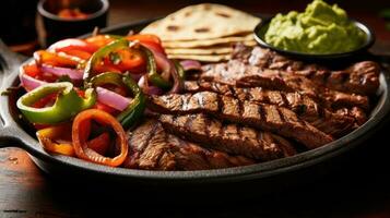 ai generado un apetitoso foto de un candente plato de fajitas, servido con calentar tortillas, Fresco pico Delaware gallo