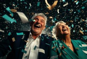 AI generated an elderly couple laughing, hugging and bouncing confetti photo