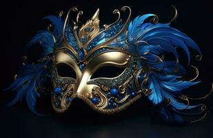 AI generated an elegant blue masquerade mask on a blue background photo