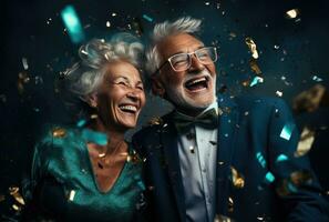 AI generated an elderly couple laughing, hugging and bouncing confetti photo