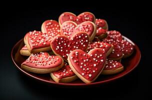 ai generado hermosa corazón conformado galletas son apilado arriba en un plato foto