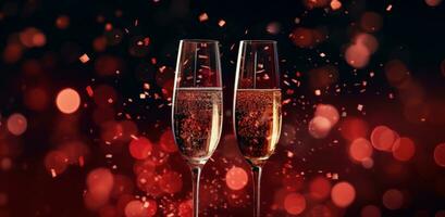 AI generated a pair of champagne glasses on a red night background photo