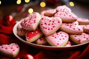 ai generado hermosa corazón conformado galletas son apilado arriba en un plato foto