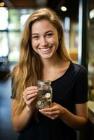 AI generated A young woman holding a jar of coins and smiling at the camera photo