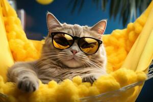 AI generated a cat dressed up in sunglasses is sleeping in a hammock, photo