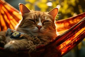 AI generated a cat dressed up in sunglasses is sleeping in a hammock, photo