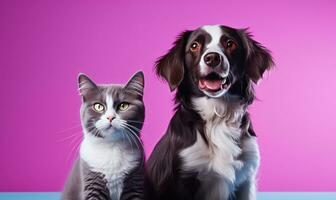 AI generated a cat and dog are sitting in front of a purple background, photo