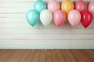 AI generated a colorful group of balloons on wood, photo