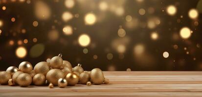 ai generado un de madera mesa en frente de un Navidad árbol con oro pelotas foto