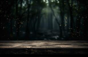 AI generated a wood table in a dark forest with lights photo